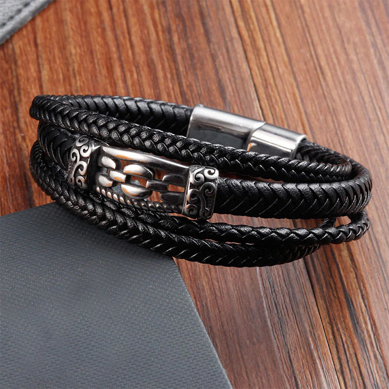 Buddha Stones Chain Link Design Titanium Steel Multi-layer Leather Balance Braided Bracelet