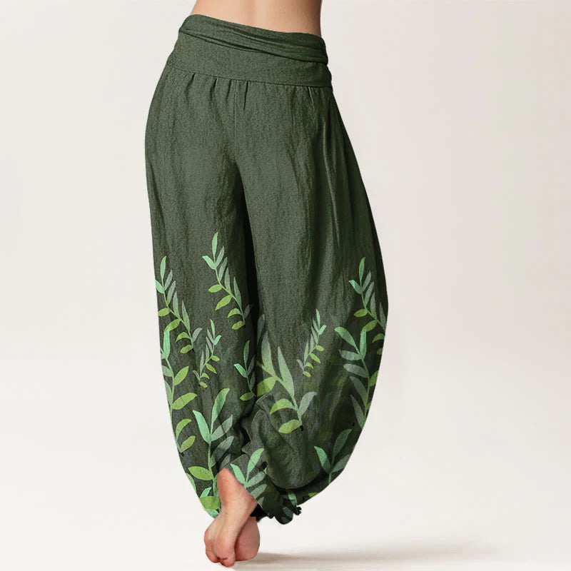 Buddha Stones Cotton Casual Leaves Pattern Women's Elastic Waist Harem Pants