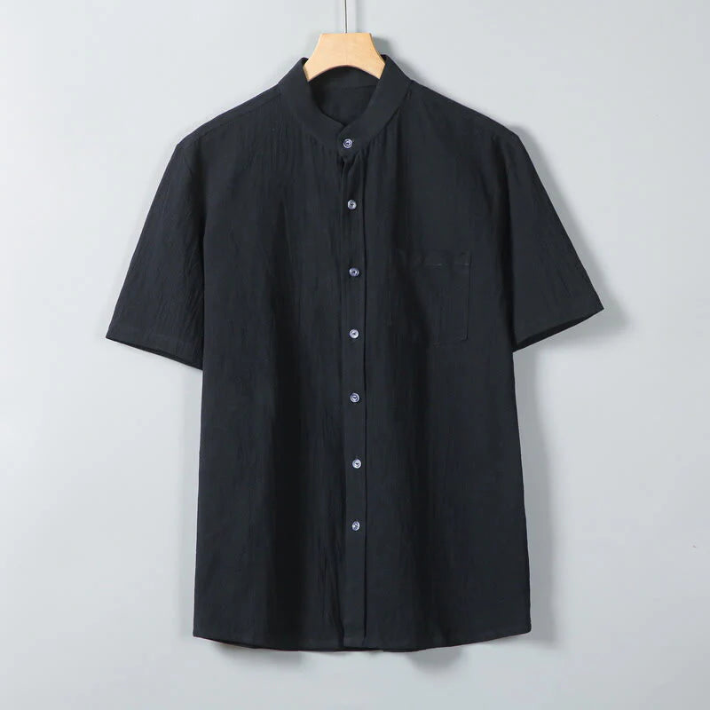 Buddha Stones Daily Printing Solid Color Single Breasted Men's Short Sleeve Cotton Linen Shirt WIth Pockets