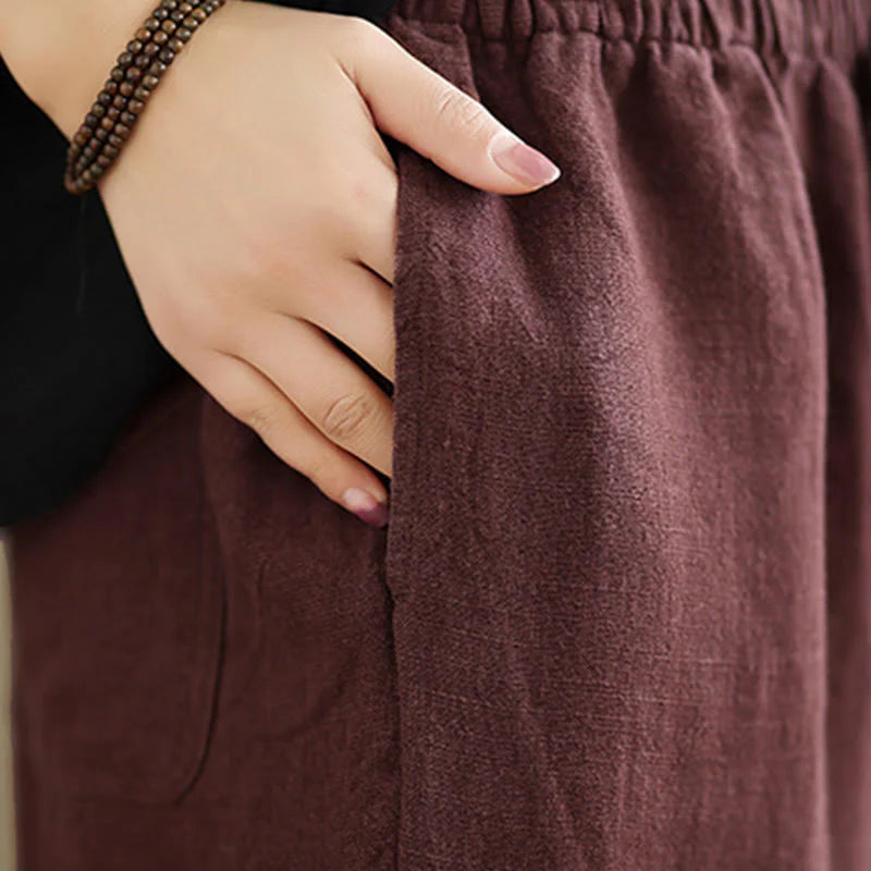 Buddha Stones Commute Retro Solid Color Women's Harem Drawstring Cotton Pants With Pockets