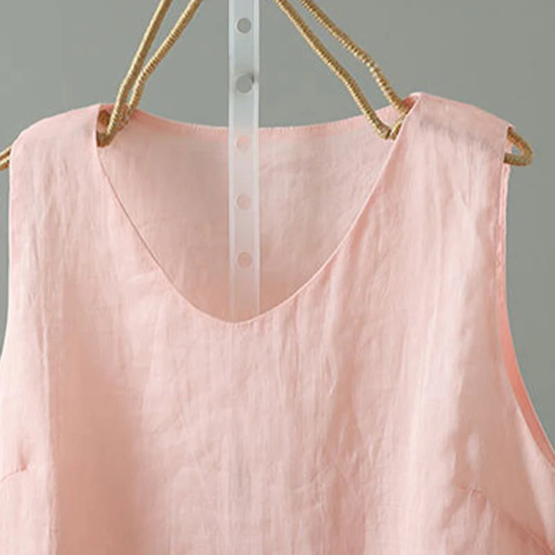 Buddha Stones Vintage Pure Color V-Neck Cotton Sleeveless Women's Vest Waistcoat
