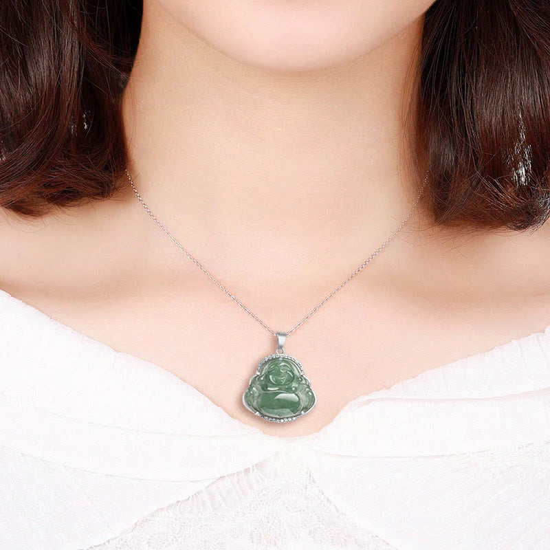 Buddha Stones Laughing Buddha Natural Jade Luck Prosperity Necklace Titanium Steel Chain Pendant