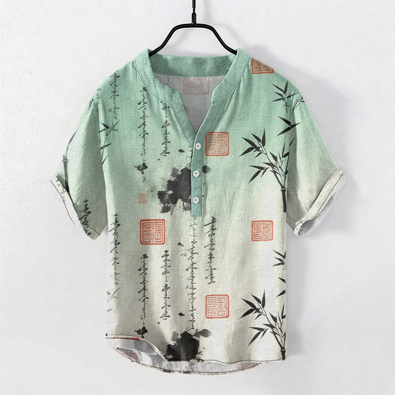 Buddha Stones Cotton Gradient Calligraphy Bamboo Ink Painting Pattern Men's Short Sleeve Half Button Shirt