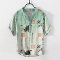 Buddha Stones Cotton Gradient Calligraphy Bamboo Ink Painting Pattern Men's Short Sleeve Half Button Shirt