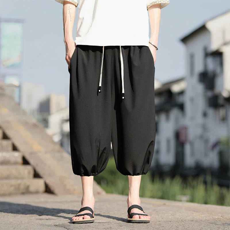 Buddha Stones Solid Drawstring Men's Capri Cropped Harem Pants With Pockets