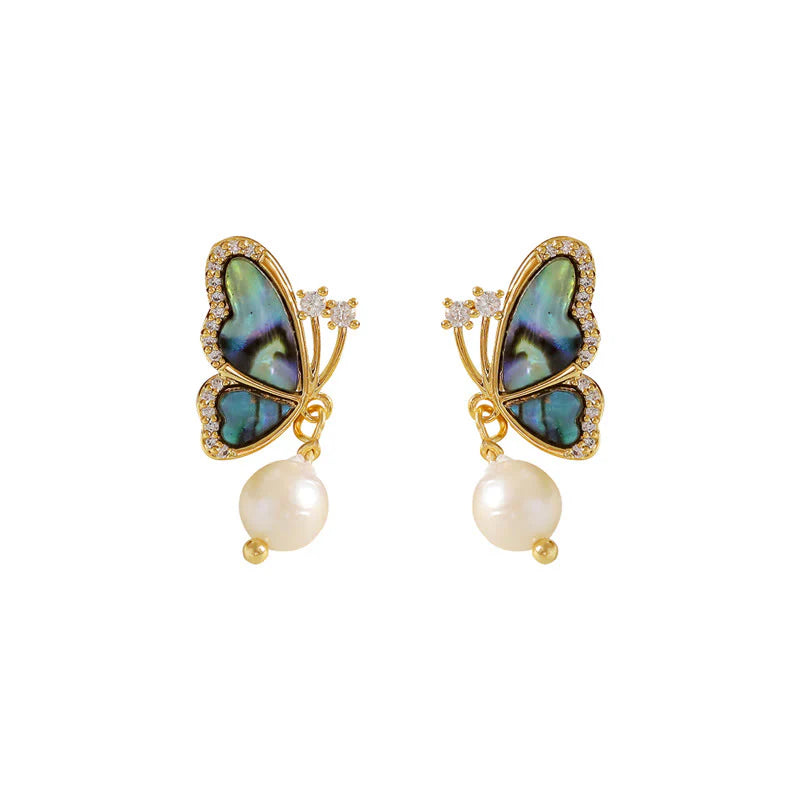 Buddha Stones 18K Gold Plated Copper Pearl Butterfly Love Stud Earrings