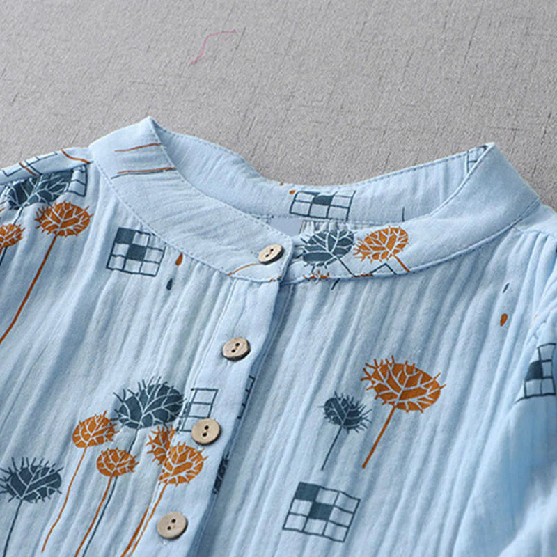 Buddha Stones Printed Half Button DesignThree Quarter Gathered Sleeve Women's Cotton Shirt