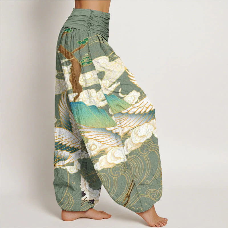 Buddha Stones Cotton Flying Cranes Auspicious Clouds Tree women's Elastic Waist Harem Pants
