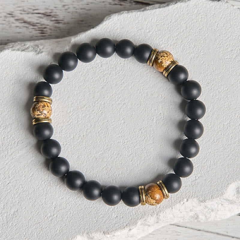 Buddha Stones Natural Frosted Black Onyx Picture Jasper Fortune Bracelet