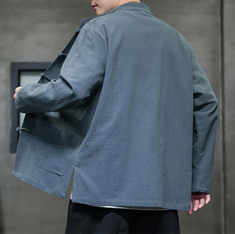 Buddha Stones Solid Color Frog-button Tang Suit Cotton Linen Men's Jacket Shirt With Pockets