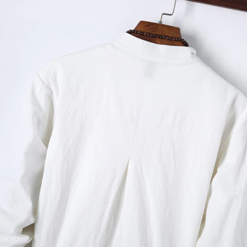 Buddha Stones 2Pcs Solid Color Men's Frog-Button Long Sleeve Cotton Shirt Pants Set With Pockets
