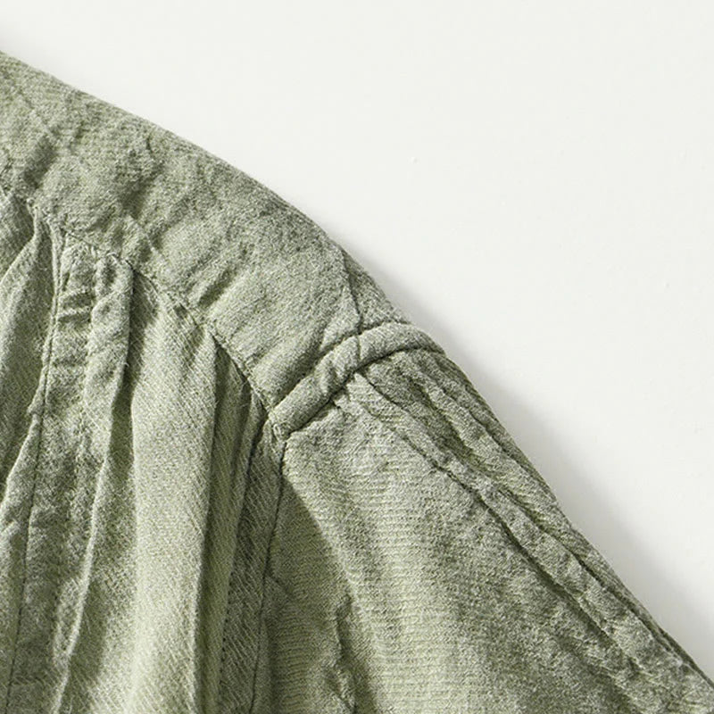 Buddha Stones Causal Plain Lapel Ramie Linen Half Button Men's Shirt
