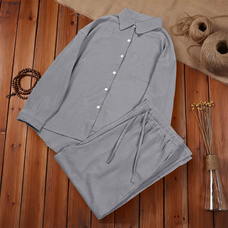 Buddha Stones 2Pcs Long Sleeve Shirt Top With Pockets Drawstring Pants Meditation Cotton Clothing Women's Set
