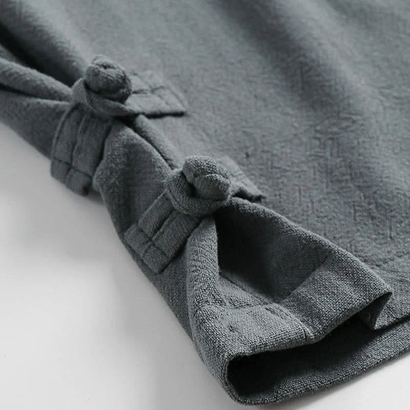 Buddha Stones Summer Drawstring Elastic Waist Frog-Button Ankle-Length Men's Cotton Linen Pants With Pockets