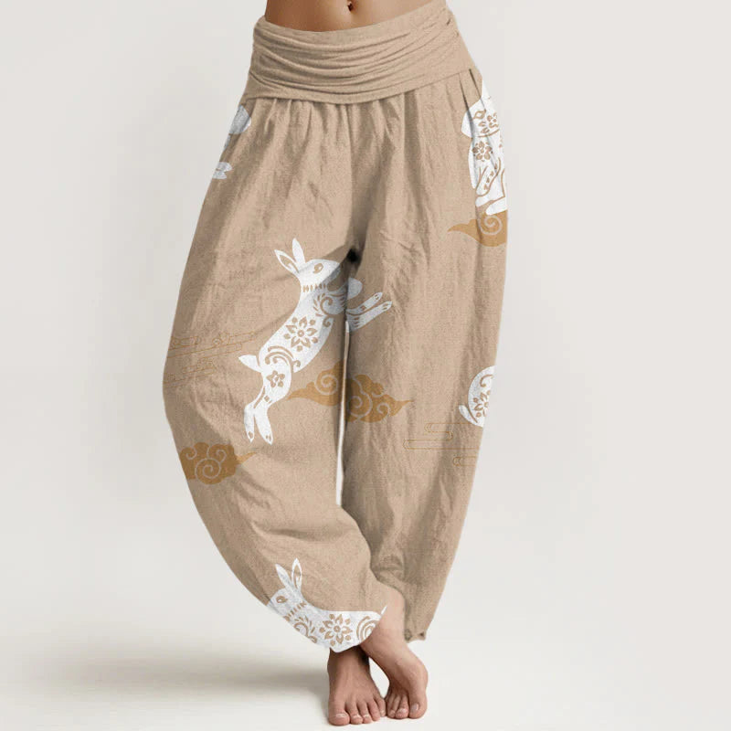 Buddha Stones Cotton White Rabbit Auspicious Cloud Pattern Women's Elastic Waist Harem Pants