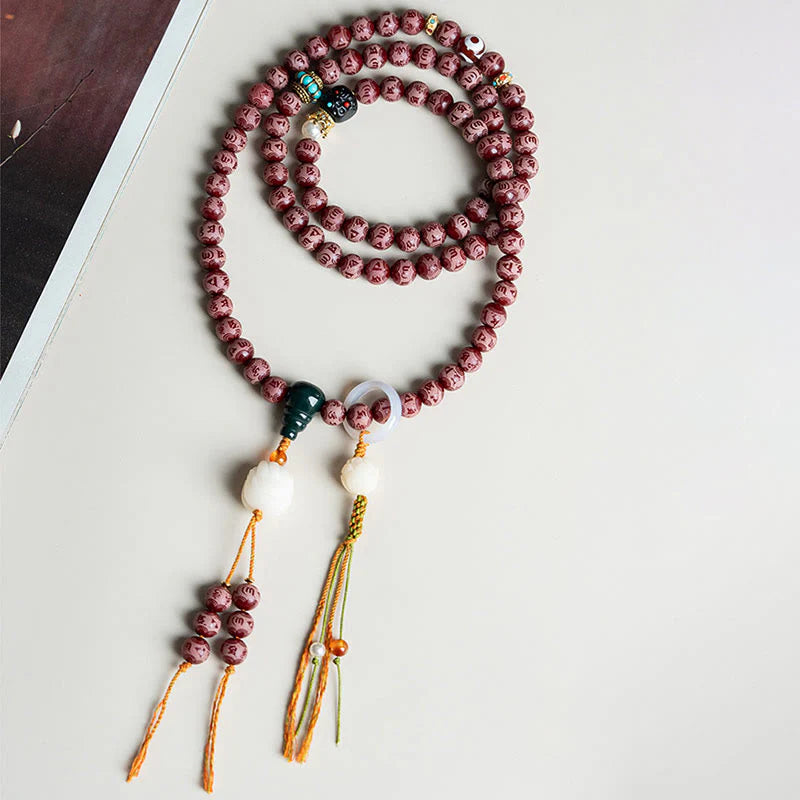 Buddha Stones Red Bodhi Seed Om Mani Padme Hum Lotus Engraved Harmony Bracelet (Extra 30% Off | USE CODE: FS30)