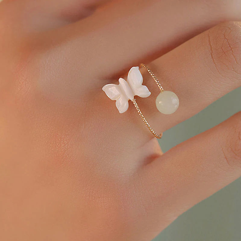 Buddha Stones 14k Gold Plated Round Hetian Jade Tridacna Stone Peach Blossom Flower Butterfly Prosperity Adjustable Ring (Extra 35% Off | USE CODE: FS35)