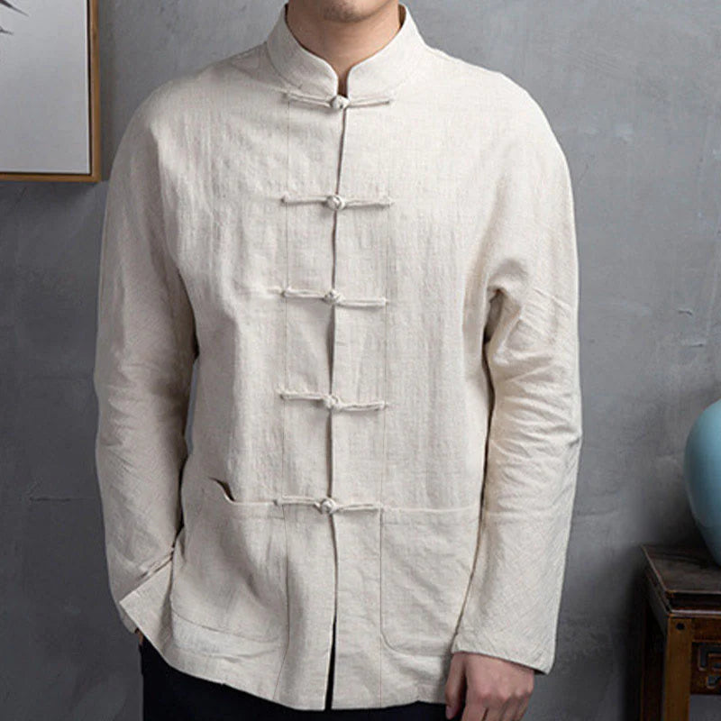 Buddha Stones Solid Color Casual Frog-button Men's Shirt Clothing
