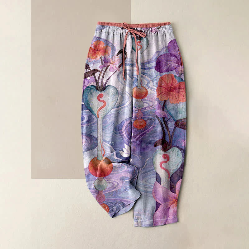 Buddha Stones Flower Pattern Drawstring Elastic Waist Women's Cotton Pants With Pockets