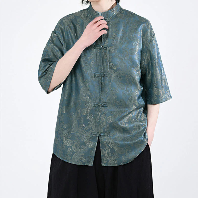 Buddha Stones Summer Frog-Button Half Sleeve Vine Leaf Flower Pattern Men's Shirt