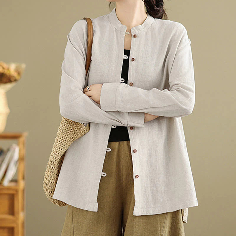 Buddha Stones Solid Color Front Buttons Design Long Sleeve Women's Cotton Linen Shirt