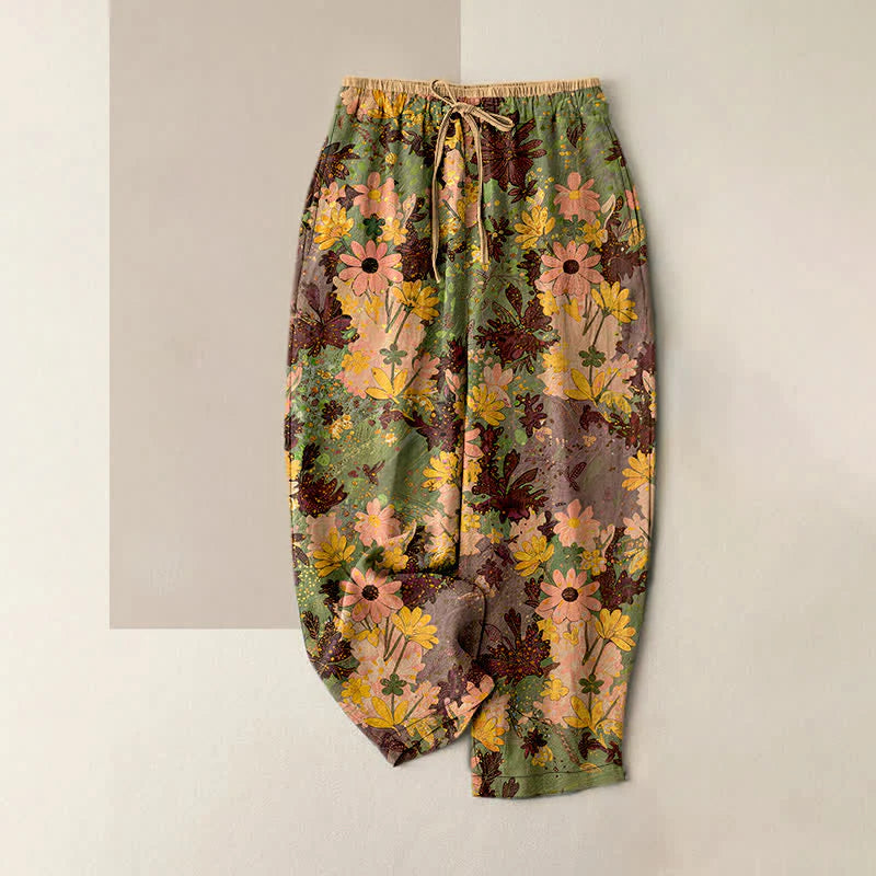 Buddha Stones Colorful Floral Print Pure Cotton Women's Elastic Waist Pants With Pockets