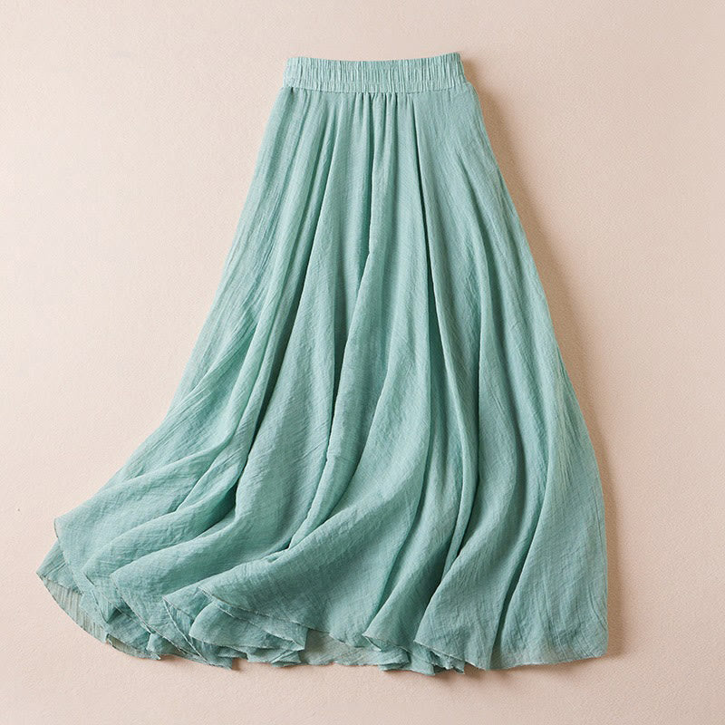 Buddha Stones Vintage Casual Pure Color High Waist Cotton Women's Skirt