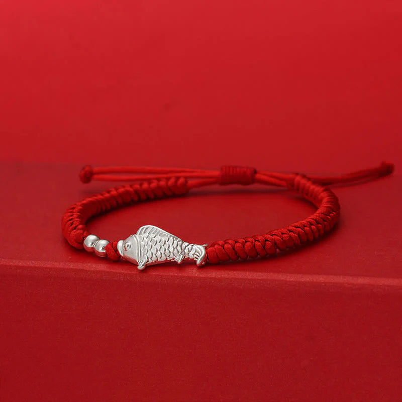 Buddha Stones 999 Sterling Silver Koi Fish Design 990 Sterling Silver Bead Red String Luck Bracelet