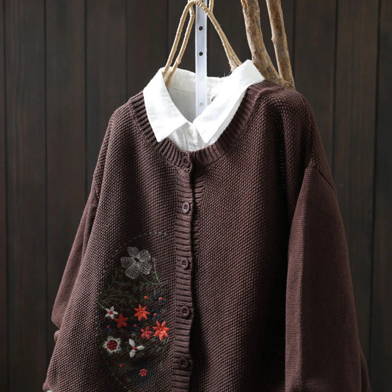 Buddha Stones Floral Embroidery Buttons Cotton Women's Long Sleeve Knitted Cardigan Sweater