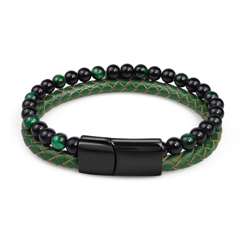 Buddha Stones Green Tiger Eye Double Wrap Braided Leather Strength Bracelet