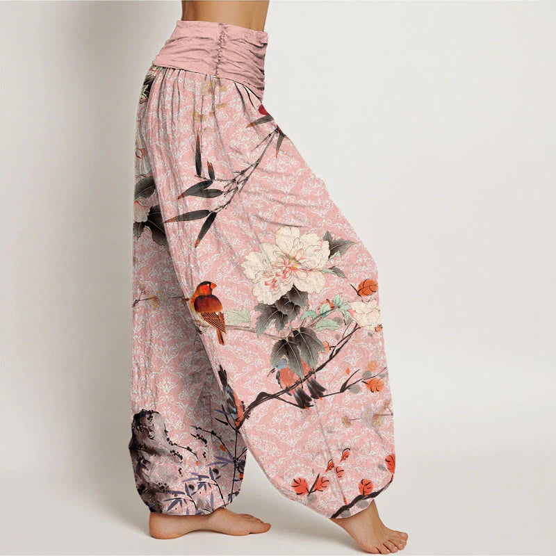 Buddha Stones Cotton Warbler Bird Blooming Flower Branches Mandala Pattern Women's Elastic Waist Harem Pants
