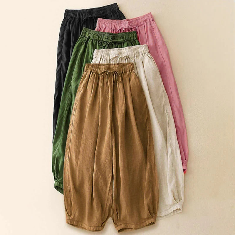 Buddha Stones Summer Elastic Waist Cotton Women's Capri Cropped Harem Pants With Pockets