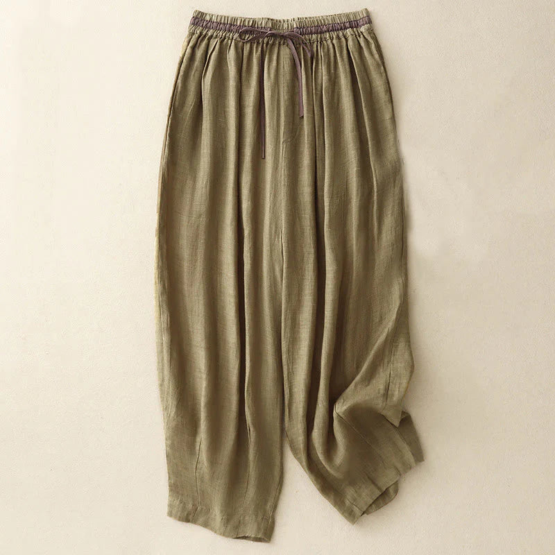 Buddha Stones Vintage Summer Casual Color Matching Drawstring Women's Cotton Linen Harem Pants With Pockets