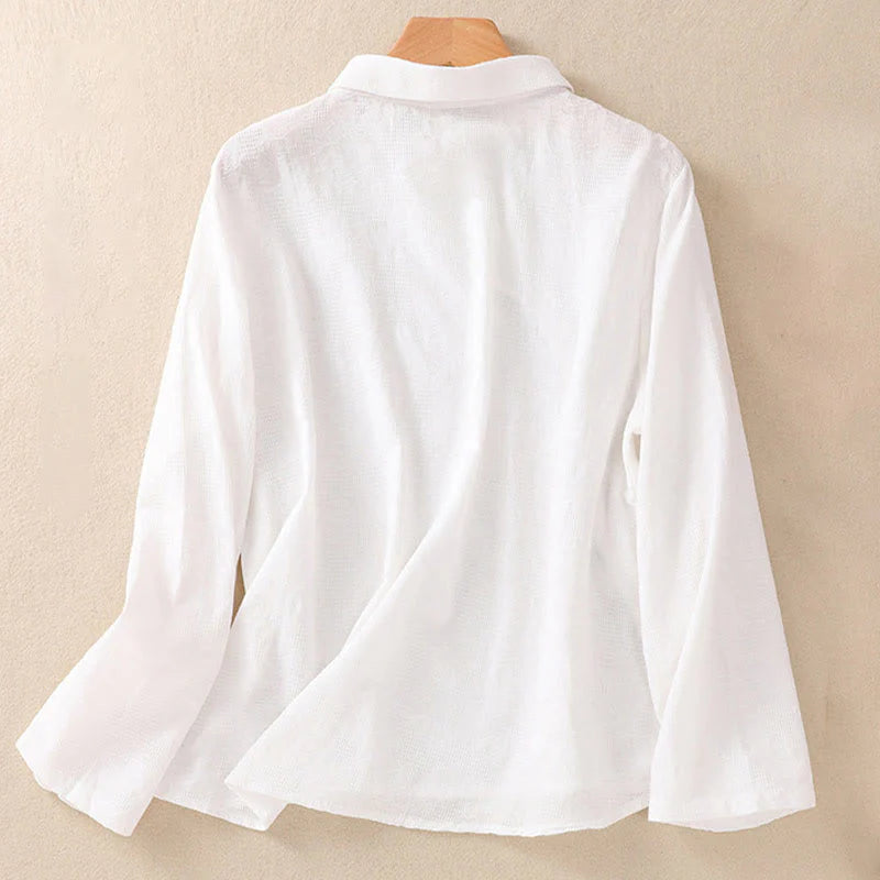 Buddha Stones Fall Embroidery Asymmetrical Design Frog-Button Women's Cotton Long Sleeve Shirt
