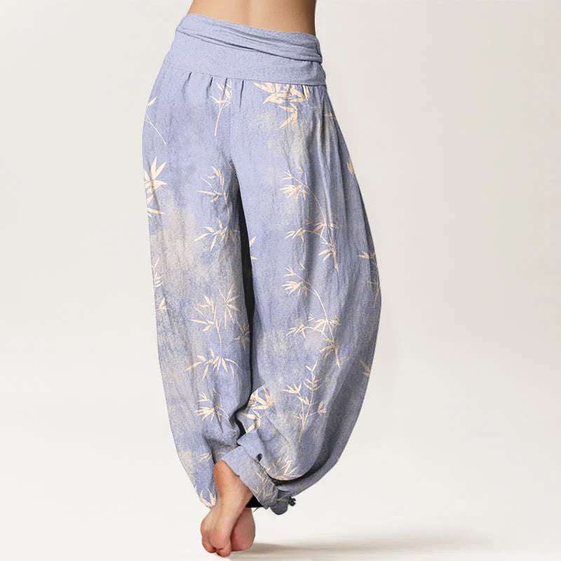 Buddha Stones Cotton Simple Bamboo Leaves Pattern Women's Elastic Waist Harem Pants