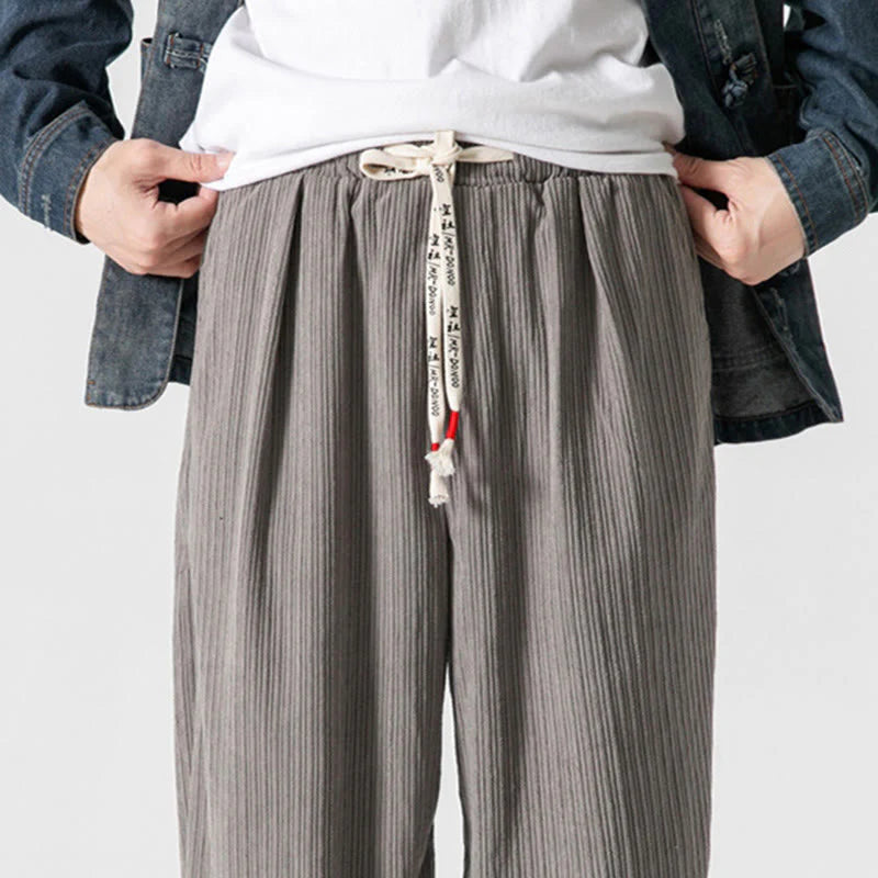 Buddha Stones Fall Winter Men's Pure Color Button Design Cotton Straight Leg Pants With Pockets