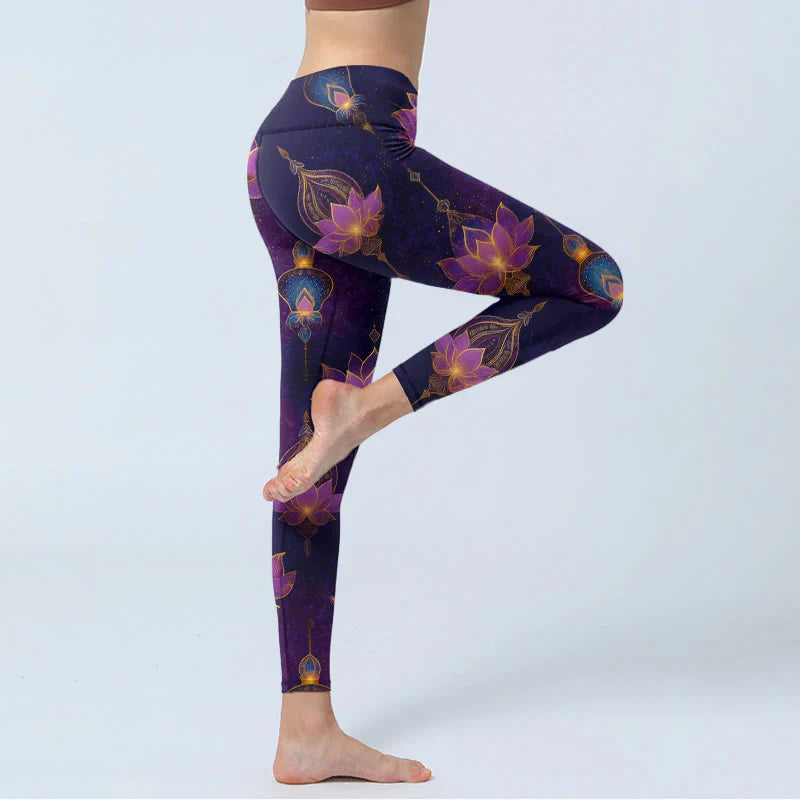 Buddha Stones Dreamlike Lotus Flower Lantern Print Gym Leggings Women's Yoga Pants