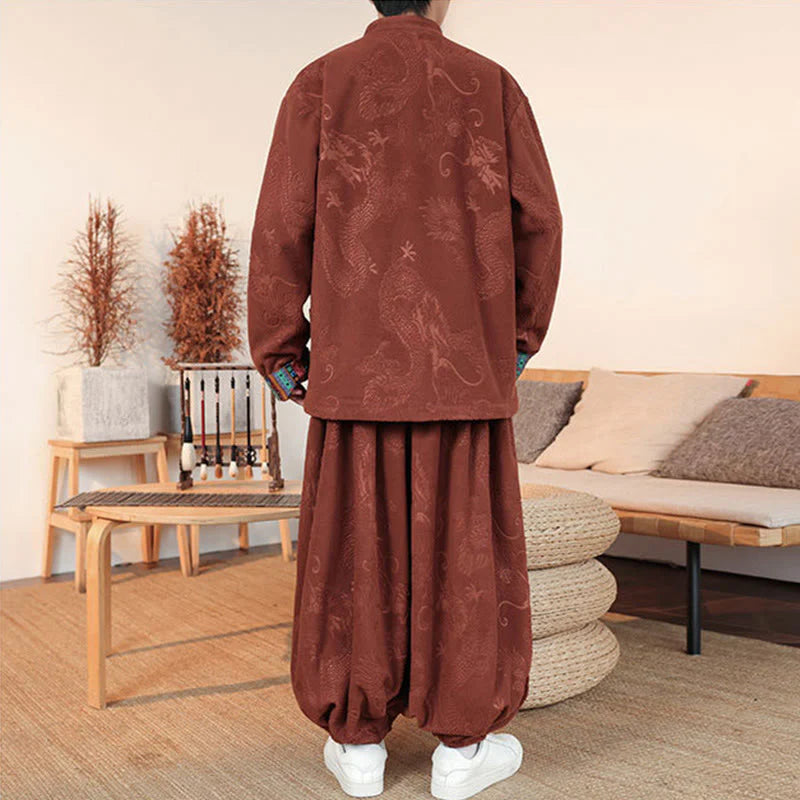 Buddha Stones 2Pcs Fall Winter Men's Tang Suit Dragon Frog-Button Cotton Long Sleeve Jacket Pants Set