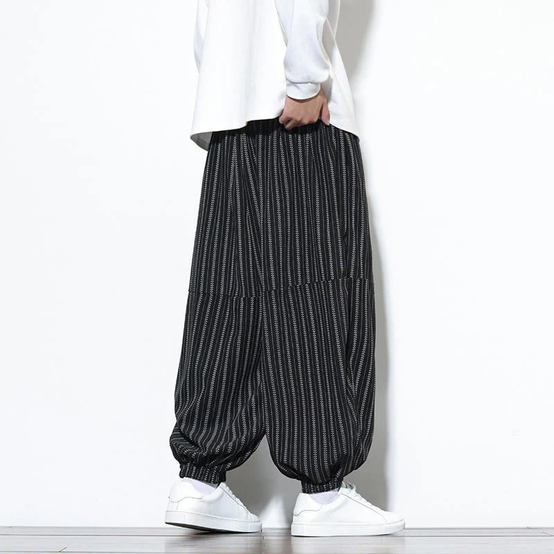 Buddha Stones Fall Striped Pattern Drawstring Men's Harem Corduroy Pants With Pockets