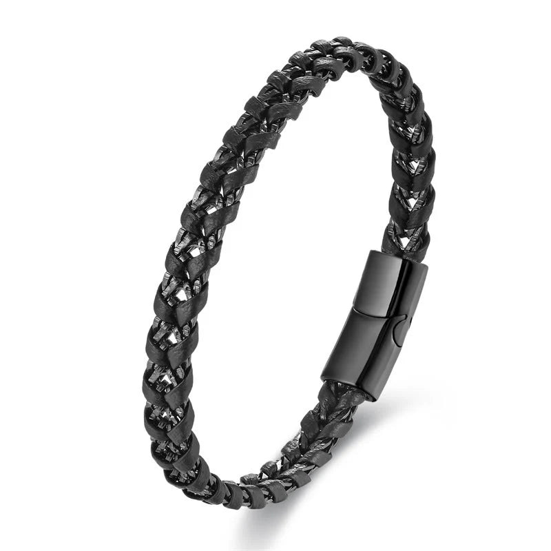 Buddha Stones Braided Design Titanium Steel Calm Multi-layer Leather Buckle Bracelet