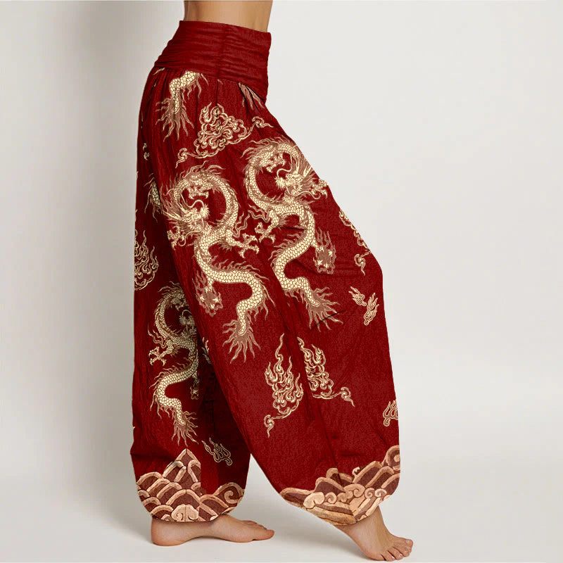 Buddha Stones Pure Cotton Dragon And Cloud Pattern Women's Elastic Waist Harem Pants