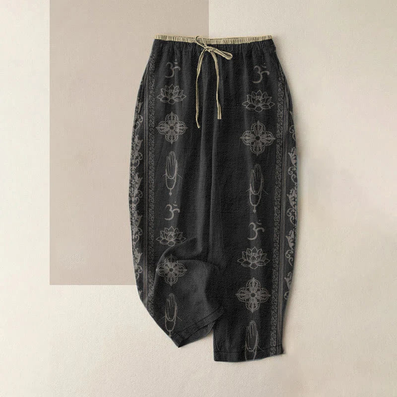 Buddha Stones Cotton Casual Lotus Flowers Double Dorje Vajra Namaste Om Design Women's Elastic Waist Pants With Pockets