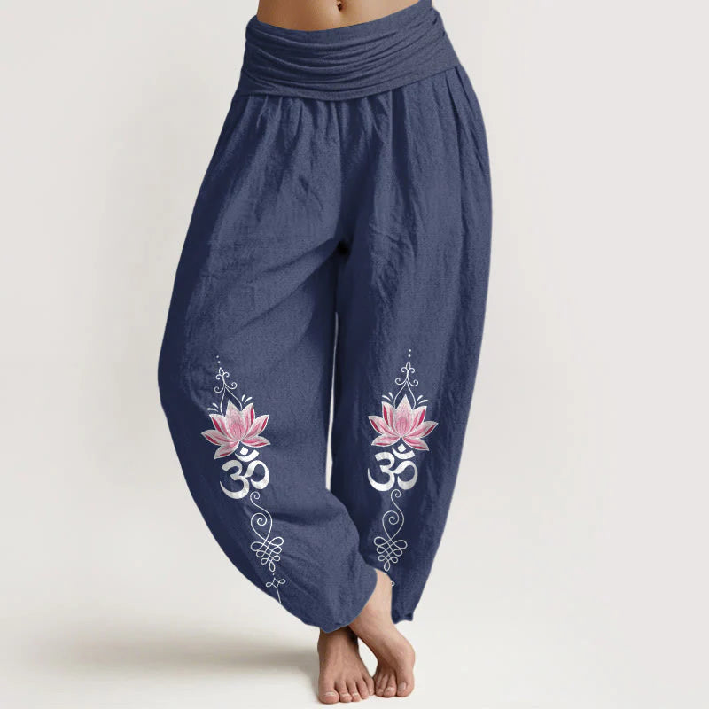 Buddha Stones Cotton OM Sanskrit Design Lotus Flower Pattern Women's Elastic Waist Harem Pants