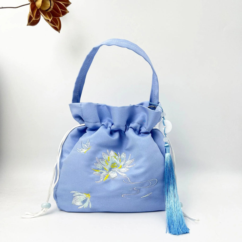 Buddha Stones Embroidered Lotus Koi Fish Crane Camellia Cotton Linen Tote Crossbody Bag Shoulder Bag Handbag