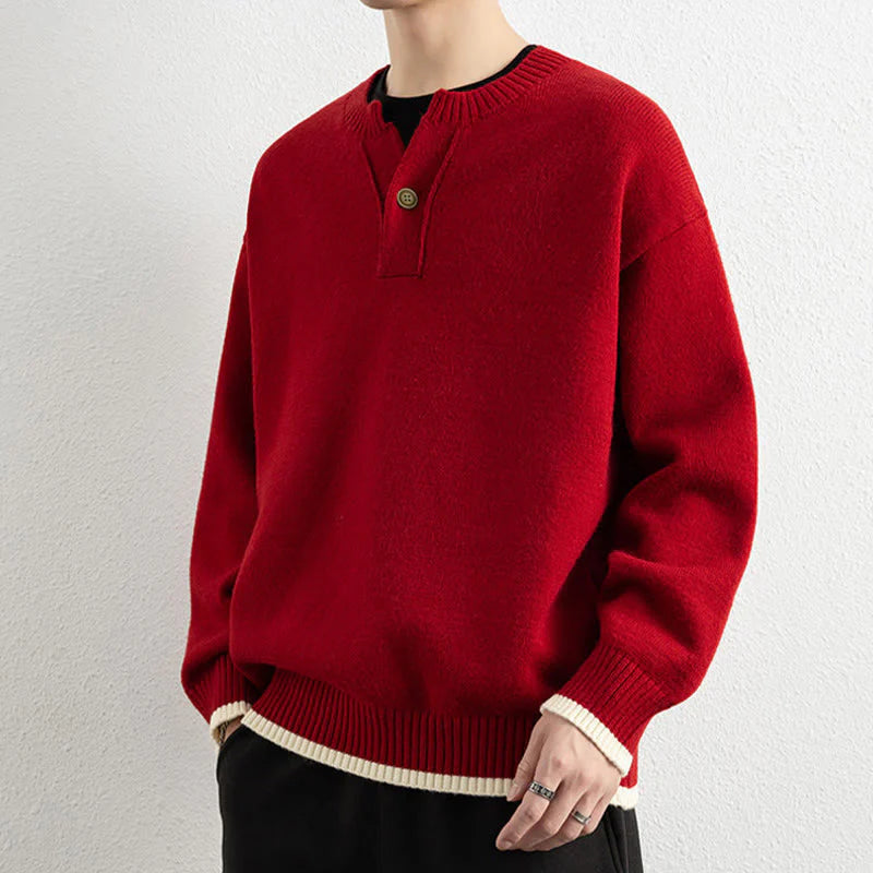 Buddha Stones Winter V-Neck One Button Design Warm Men's Long Sleeve Knitted Sweater