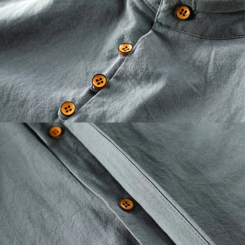 Buddha Stones Men's Slim Fit Design Stand Collar Crew Neck Long Sleeve Cotton Linen Shirt