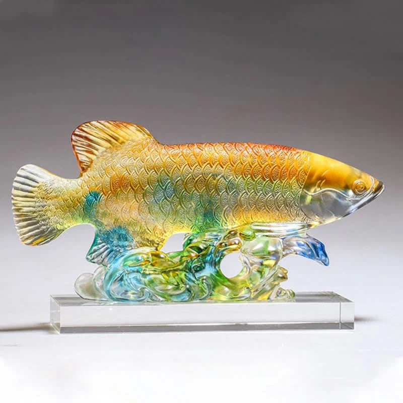 Buddha Stones Handmade Liuli Crystal Koi Fish Art Piece Luck Home Office Decoration