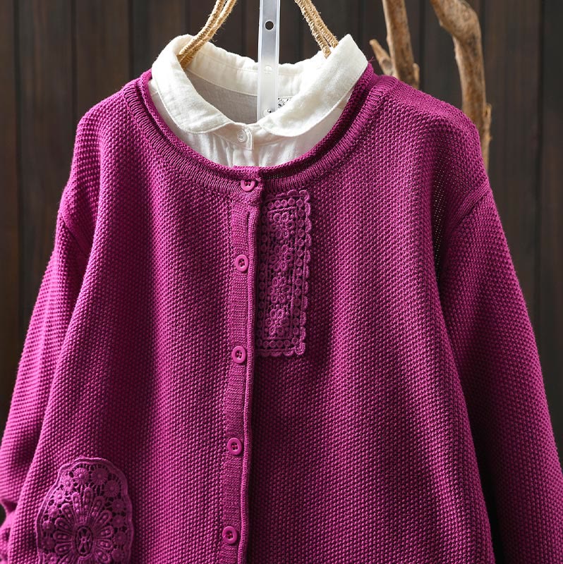 Buddha Stones Fall Floral Buttons Cotton Women's Long Sleeve Knitted Cardigan Sweater