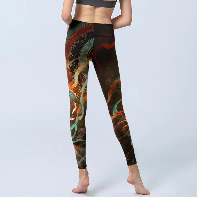 Buddha Stones Colorful Fairy Lute Ribbon Flower Circle Pattern Print Gym Leggings Women's Yoga Pants