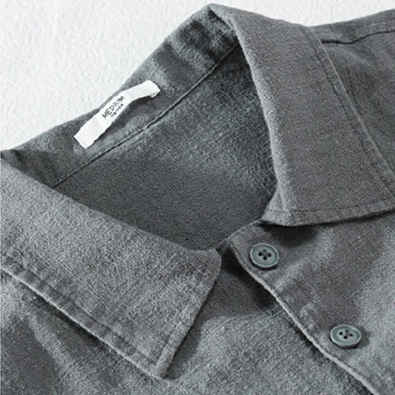 Buddha Stones Commute Fall Solid Color Lapel Men's Long Sleeve Cotton Linen Shirt With Pocket